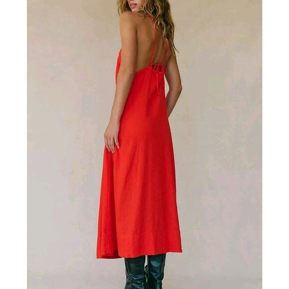 FREE PEOPLE Emmers Linen Midi Maxi Size S Orange Red Vermilion - Picture 9 of 10